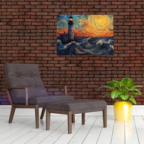 Üveg kép - Világítótorony a hullámokban (70x50 cm)