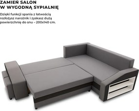 Grande sarokkanapé polcokkal és puffokkal , polc a jobb karfaban puffok a bal karfaban, jobboldali, szövet anyag, hab töltet, szürke - fekete