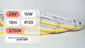 10méter Led Szalag 24V Cob 10W nagyon meleg 2700K egyenletes vonal