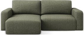 Zöld kordbársony kinyitható-tárolóhelyes sarokkanapé (bal oldali-heverő résszel) Kona – Makamii