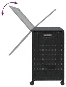 fekete rattan szennyeskosár kerekekkel 66x35x60 cm