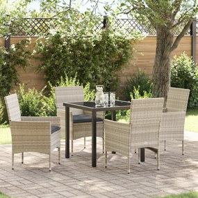5 Darabos Kerti Étkezőszett Párnákkal Világosszürke Poli Rattan, Kerti Asztal Fekete 80x80x73 cm Edzett Üveg