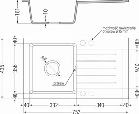 Mexen Pablo - gránit mosogató 75,2x43,6 cm, 1 kamrás, fehér, 6510751010-20
