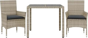 vidaXL 3 részes szürke polyrattan/üveg kerti étkezőgarnitúra párnával