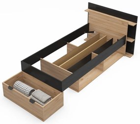 Fekete-natúr színű ágyneműtartós egyszemélyes ágy ágyrács nélkül, tölgyfa dekorral 90x200 cm Albo – Marckeric