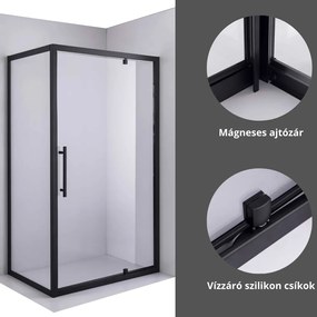 Stuxi Torino Black 100x100 szögletes nyílóajtós zuhanykabin 6 mm vízlepergető biztonsági üveggel, fekete elemekkel, 200 cm magas