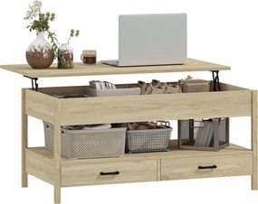 HOMCOM Lábemelő Kávasztal Lábemelő Fedéllel, Rejtett Tárolórekesszel, Fiókokkal és Nyitott Polccal 100x50x48-62 cm Tölgy | Aosom