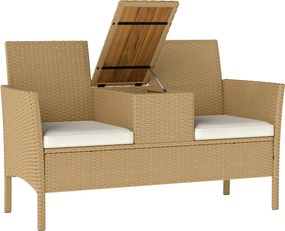 Outsunny 2 szemes Rattan és Acél Kerti Pad Párnákkal és Összecsukható Asztallal Rejtett Tárolóhellyel, Kültéri Kanapé, 134x58x82 cm, Krém és Khaki | A