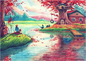 Kép - akvarell, Öböl egy hegyi faluban (70x50 cm)