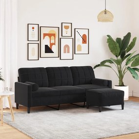 3 személyes fekete bársonykanapé lábtartóval 180 cm
