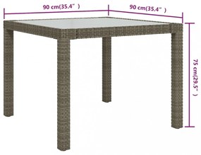 szürke polyrattan és edzett üveg kerti asztal 90 x 90 x 75 cm