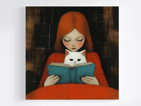 Vászonkép Canvas Vörös Lány Macska Könyv Olvasmány Barátság 40x40