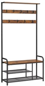 Előszoba fogas polccal, akasztókkal, cipőtartóval és ülőkével, rusztikus barna 85x30x180cm