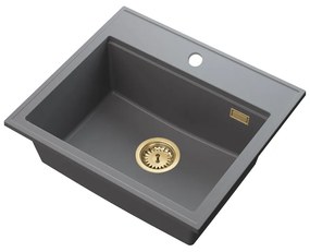 SINK Quality Mosogató minőségi Ferrum Új 5055, 1 kamrás gránit mosogató 560x500x210 mm + arany szifon, szürke, SKQ-FER.5055.G.XG