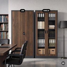 Fém szekrény vitrinnel, antracit, dió, 900x1850x400 mm: AMELIA Eco Design