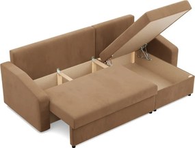 Zeus sarokkanapé, 2 ágyneműtartóval, döntött kartámasz, szövet anyag, univerzális oldal, hab töltet, barna