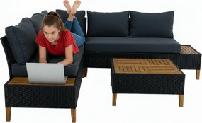 Kerti rattan szett, akácfa, fekete/szürke/természetes, MALKOM