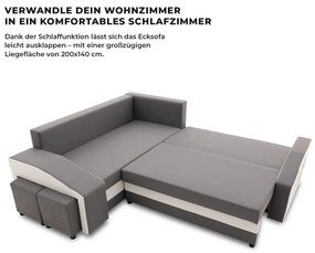 Grande sarokkanapé polcokkal és puffokkal , polc a jobb karfaban puffok a bal karfaban, baloldali, szövet anyag, bonell töltet, szürke - fehér