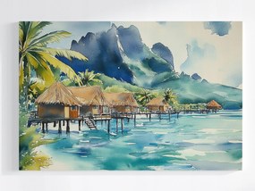 Poszter Tájkép Sziget Trópusok Tengerpart Kunyhók Óceán Hegyek 120x80
