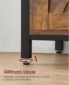Ipari stílusú tálalószekrény tolóajtókkal, 6 tárolórekesszel és állítható polcokkal, 100 x 33 x 80 cm, rusztikus barna és fekete