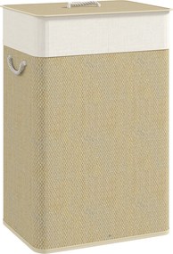 HOMCOM 72L-es Kosár Lidővel Bambusz Szennyes Kosár Kivehető Belső Táskával és Fogantyúkkal 40x30x60 cm Természetes | Aosom