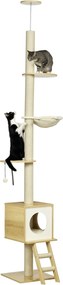 PawHut Macska Fa, Padlótól a Mennyezetig Érő Karcoló, 240-260 cm, Mászófa Macska Házzal, Kender Kötél Posztokkal, Hintaágy, Macska Létra, Játék Gömb,