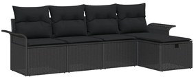 5 részes kerti kanapé készlet párnákkal - fekete poli rattan, 2 férőhelyes kerti kanapé tárolóval és párnákkal - fekete poli rattan