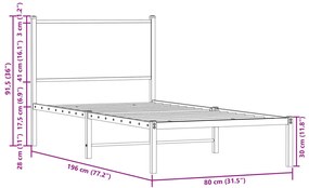 sonoma tölgy színű fém ágykeret matrac nélkül 75 x 190 cm