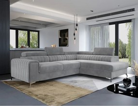 Szürke bársony kinyitható-tárolóhelyes sarokkanapé (jobb oldali-L alakú) Laurence – ELTAP