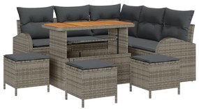 9 darabos Kerti Kanapé Szett Párnákkal Szürke Polyrattan Akáciával, 2-Fős Kerti Kanapé Párnákkal Szürke Polyrattan, 4 darabos Kerti Étkező Szett Párnákkal Szürke Polyrattan Akáciával