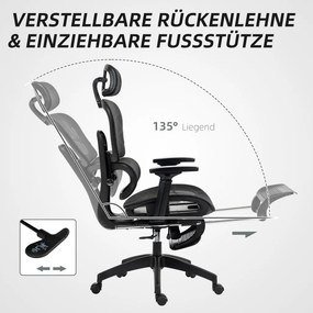 HOMCOM Ergonomikus irodai szék, hálós szövettel, állítható 3D, karfákkal és fejtámlával, fekete
