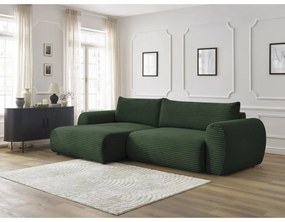 Sötétzöld kordbársony kinyitható sarokkanapé (bal oldali) Lucien – Bobochic Paris
