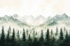 Fotótapéta Flizelina Akvarell Tájkép Hegyek Erdő Lucfenyő Köd 416x290 ragasztó