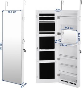 Tükrös ékszerszekrény 37 x 10 x 120 cm, zárható, fehér