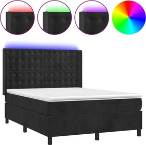 vidaXL fekete bársony rugós és LED-es ágy matraccal 140x190 cm