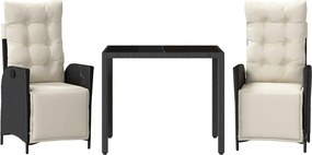 vidaXL 3 részes fekete polyrattan kerti étkezőgarnitúra párnákkal