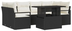7 Részes Kerti Kanapé Szett Párnákkal Fekete Poly Rattan, 2-üléses Kerti Kanapé Párnákkal Fekete Poly Rattan