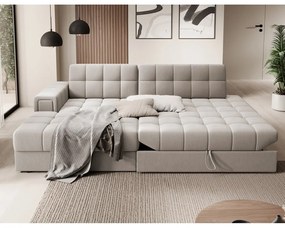 Bézs bársony kinyitható sarokkanapé (bal oldali-heverő résszel) Blezalt – ELTAP