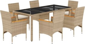 vidaXL 7 részes bézs polyrattan/üveg kerti étkezőgarnitúra párnákkal