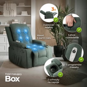 Elektromosan Vezérelhető Masszázsfunkciós Relaxfotel Zöld Kordbársony Kárpittal. BOX2