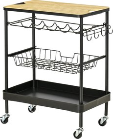 HOMCOM Kerekes Konyhai Kocsi Többfunkciós Tálalókocsi Üveg Tartóval, Levehető Kosárral és 4 Akasztóval Étkezőbe és Nappaliba 60.5x35.5x75 cm Fekete és