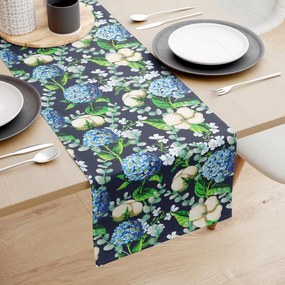 Goldea pamut asztali futó - kék színű hortenzia virágok 35x140 cm