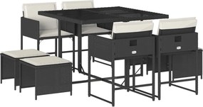 vidaXL 9 részes fekete polyrattan kerti étkezőgarnitúra párnákkal