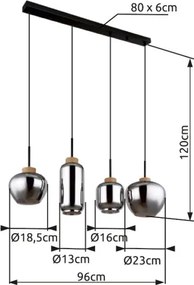 Globo 15549-4H Függeszték fém matt fekete, füstszínű üveg, natúr kender színű, fekete PVC kábel, 4 különböző üvegforma, HxSzxM.: 960x230x1200mm, üveg átmérő: 1x 18,5cm, 12cm, 16cm, 23cm egyenként, nem tartozék: 4x E27 40W 230V