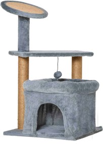 PawHut Macska Kaparófája Jutából Készült Oszlopokkal, Házzal és Párnával, Plüss Borítással, Magasság 84cm, Szürke | Aosom