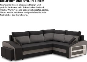 Grande sarokkanapé polcokkal és puffokkal , polc a jobb karfaban puffok a bal karfaban, jobboldali, szövet anyag, hab töltet, fekete - szürke