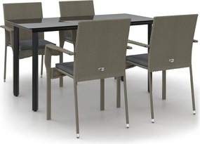 vidaXL 5 részes fekete és szürke polyrattan kerti étkezőszett párnával