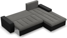Toronto sarokkanapé, 2 ágyneműtartóval, bársony + műbőr, jobboldali, szürke - fekete