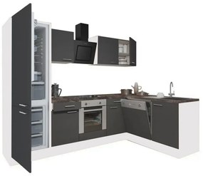 Yorki 280 sarok konyhabútor fehér korpusz,selyemfényű antracit front alsó sütős elemmel alulagyasztós hűtős szekrénnyel