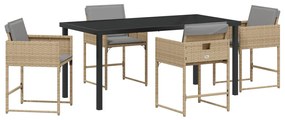 5 Darabos Kert Étkezőszett Párnákkal Bézs Poly Rattan, Kert Asztal Fekete 160x80x73 cm Edzett Üveg